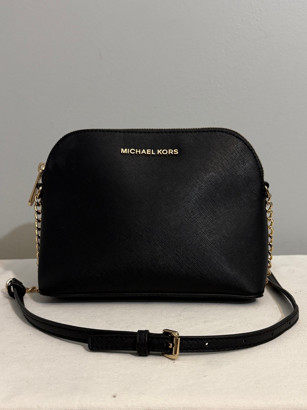 Michael Kors Black Saffiano Leather Dome Crossbody with Gold Hardware